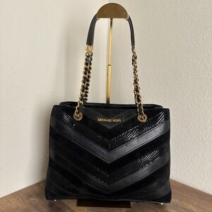 Michael Kors Susannah Chevron Black Tote Bag Patchwork Snakeskin Embossed